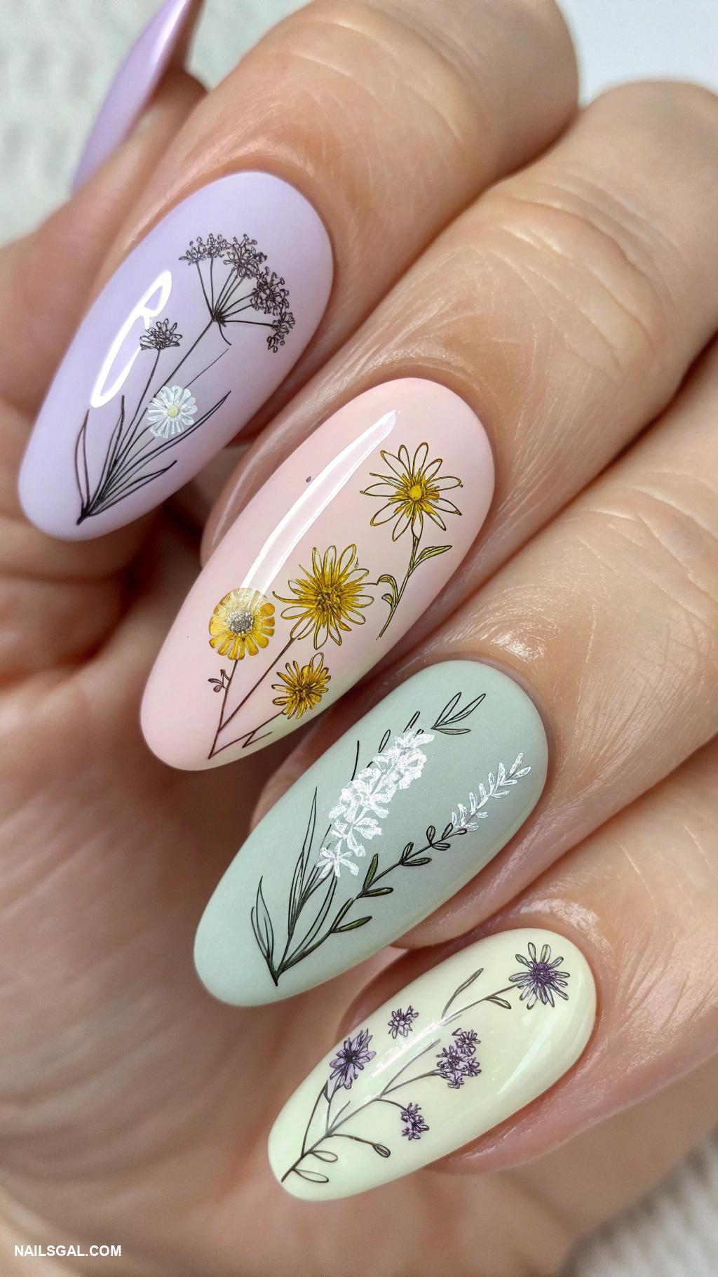 rodeo nails Wildflower decals on pastel base
