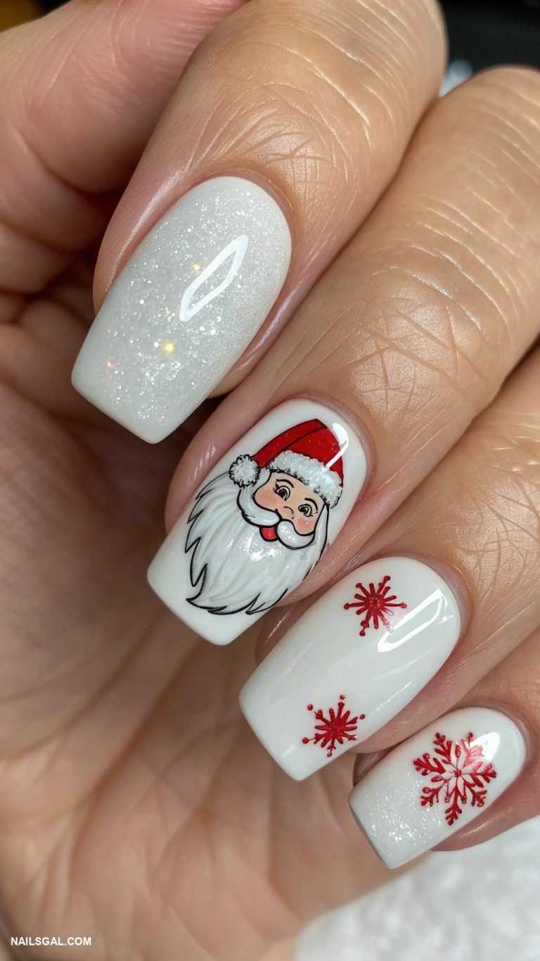 santa clause nails Classic white with Santas beard design