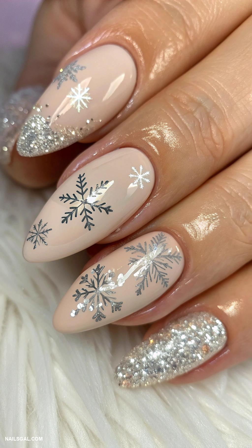 santa clause nails Festive snowflakes on nude base