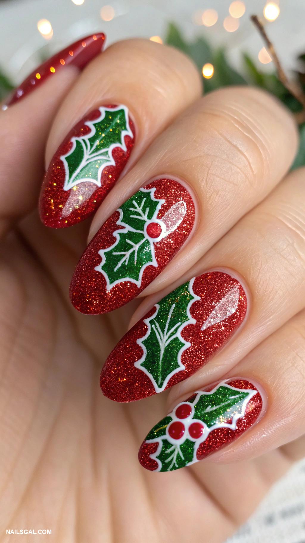 santa clause nails Glittery red with holly leaves