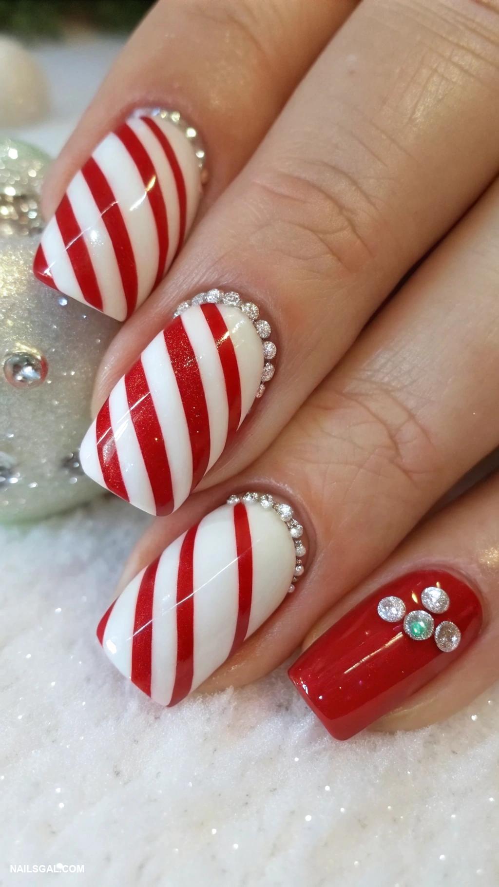 santa clause nails Red and white striped candy cane nails
