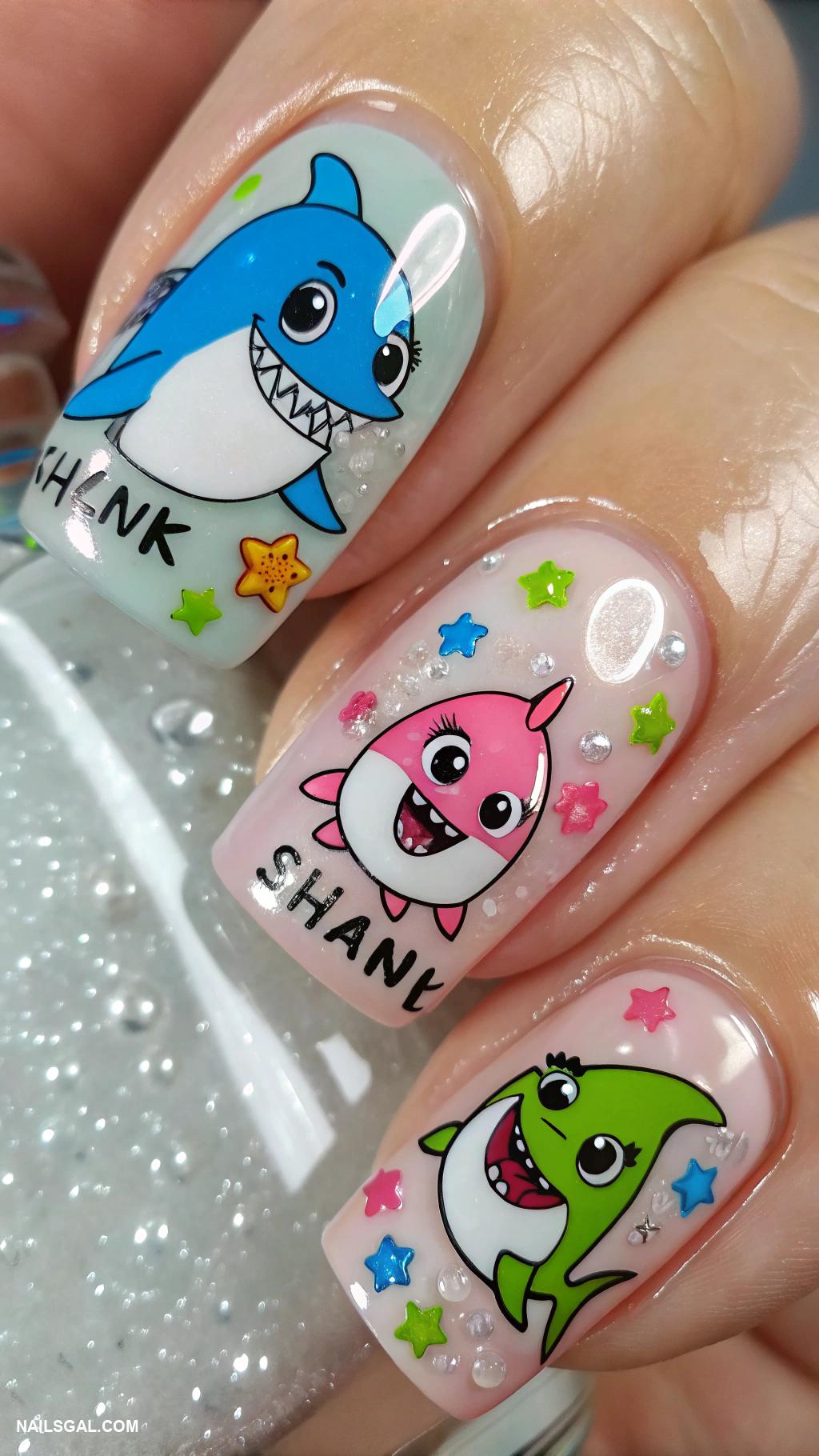 shark nails Cartoon sharks swimming in clear polish