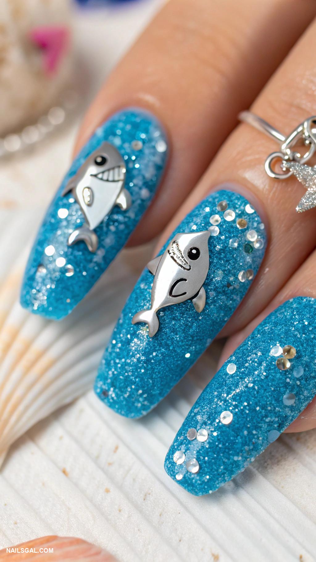 shark nails Glittery blue with shark charm