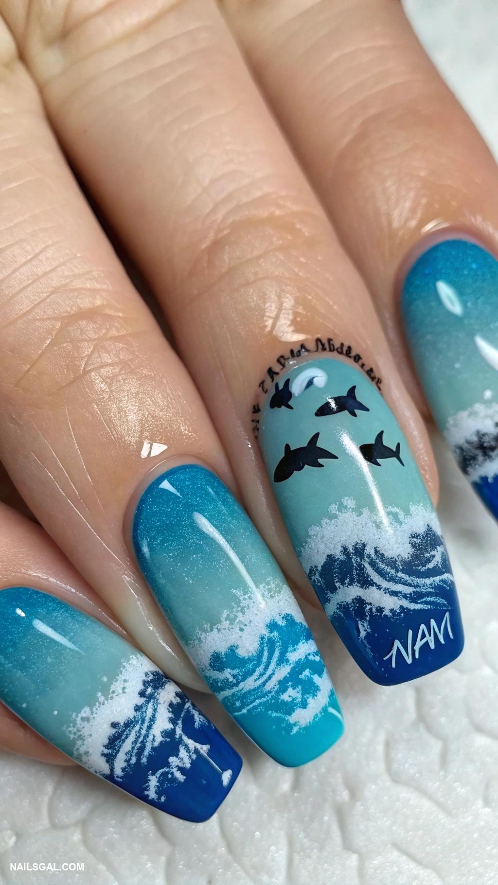 shark nails Ocean wave gradients with shark fins