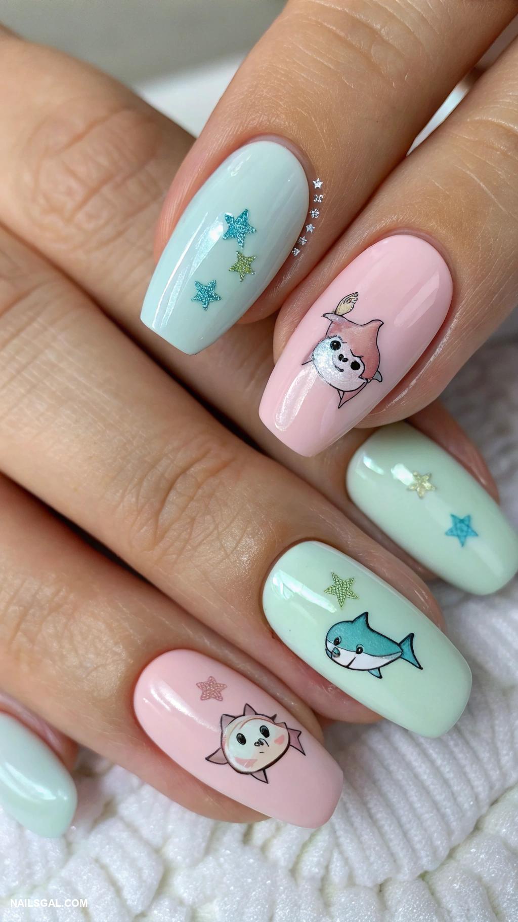shark nails Pastel colors with tiny shark designs