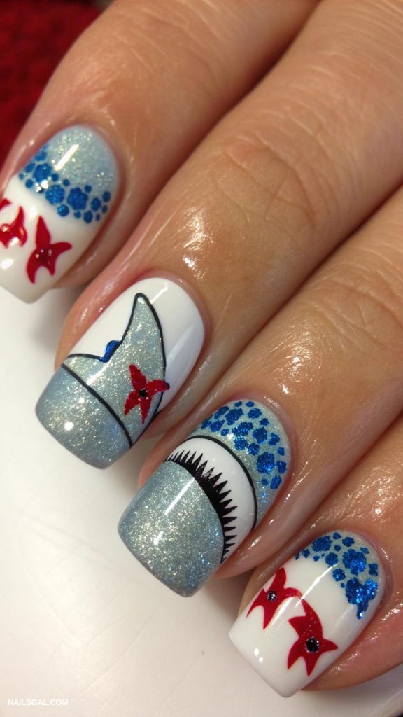 shark nails Shark bites on tips with red accents