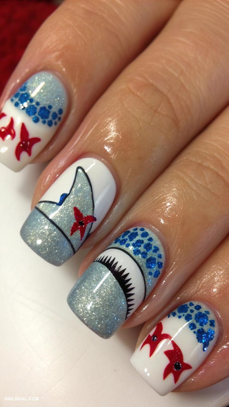shark nails Shark bites on tips with red accents