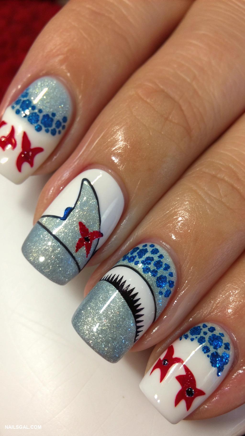 shark nails Shark bites on tips with red accents