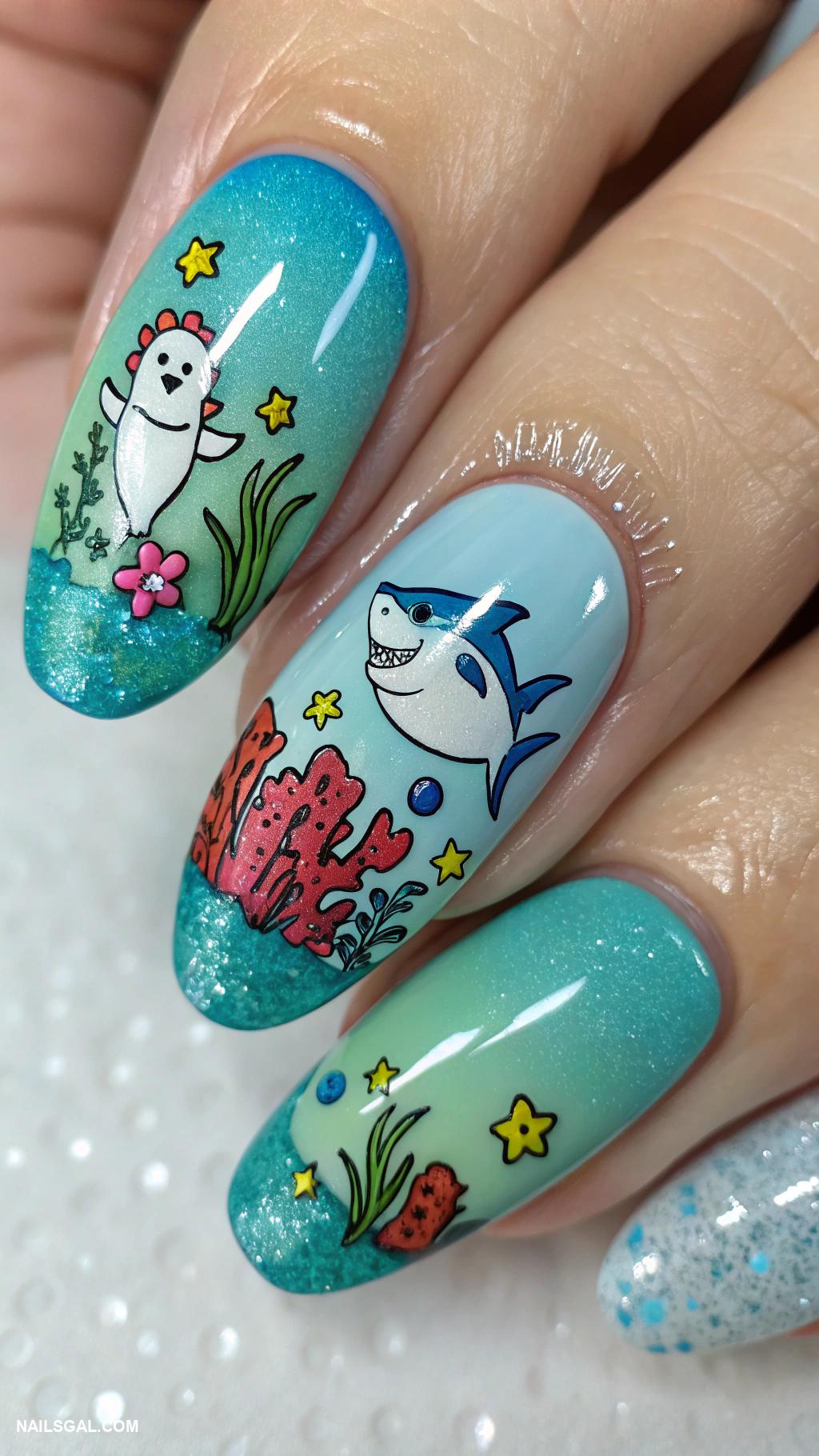shark nails Underwater theme with shark decals