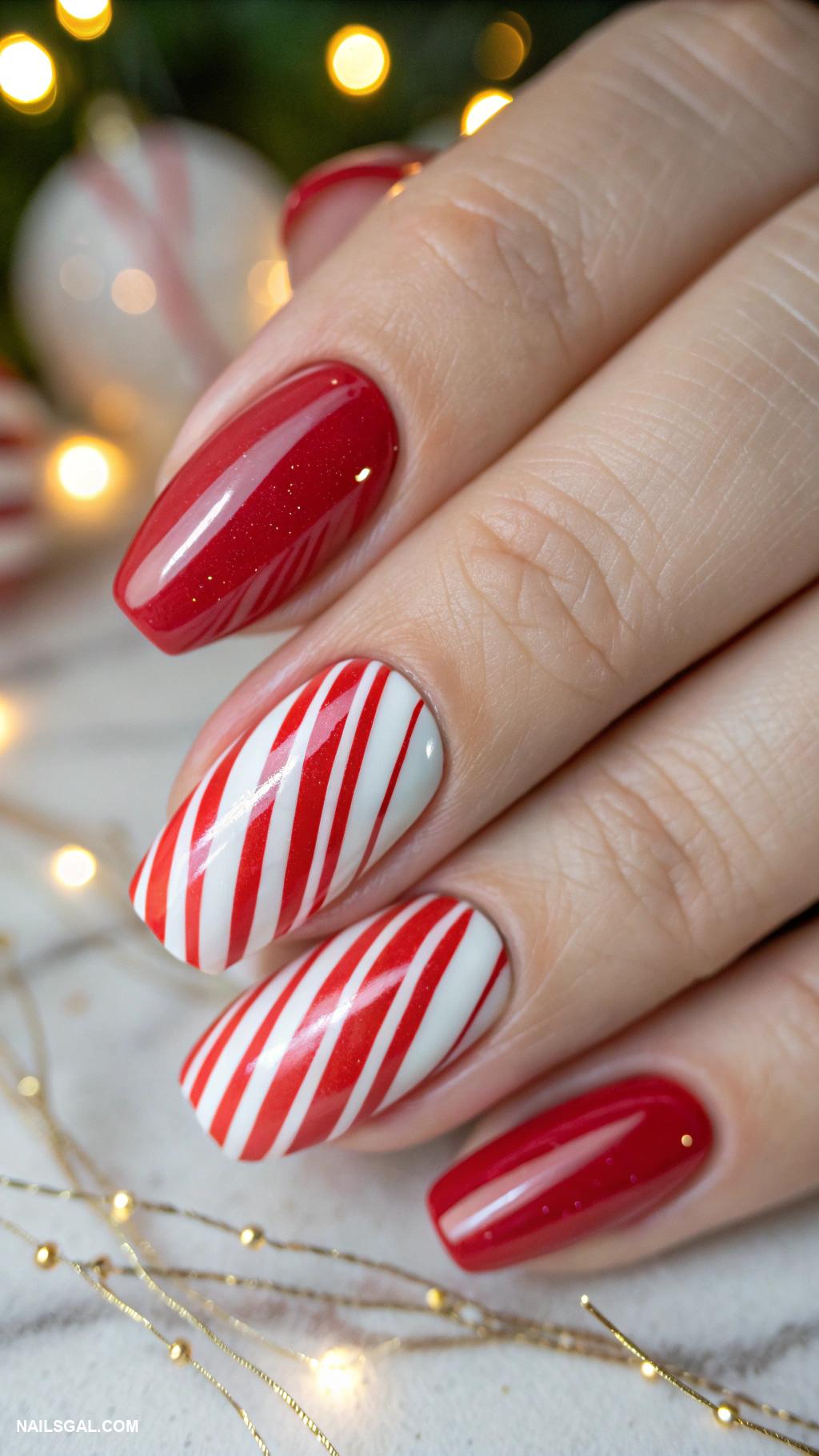 simple christmas nails Candy cane stripes with red and white