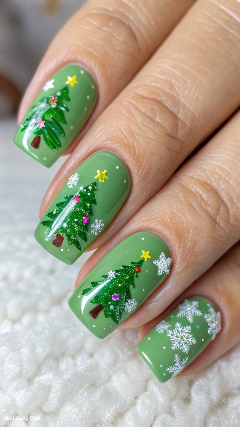 simple christmas nails Christmas tree on a green nail