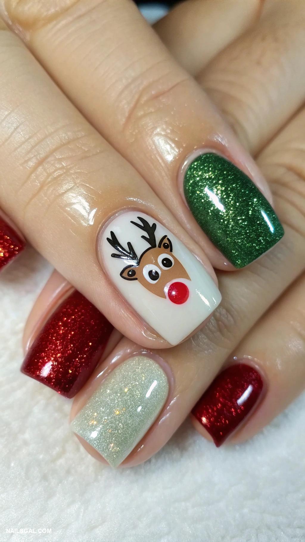 simple christmas nails Rudolph face on ring finger