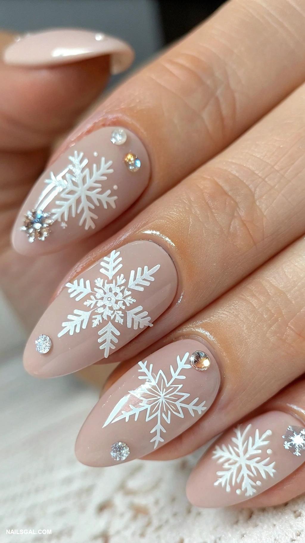 simple christmas nails Snowflakes on a nude base