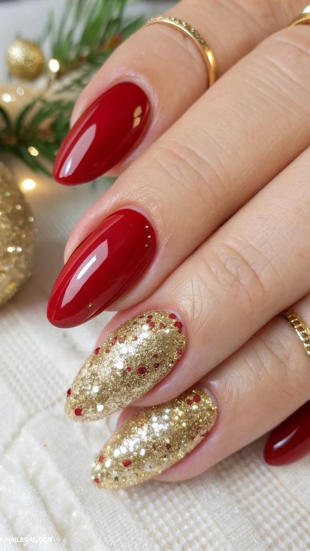simple christmas nails Sparkly gold tips with red base
