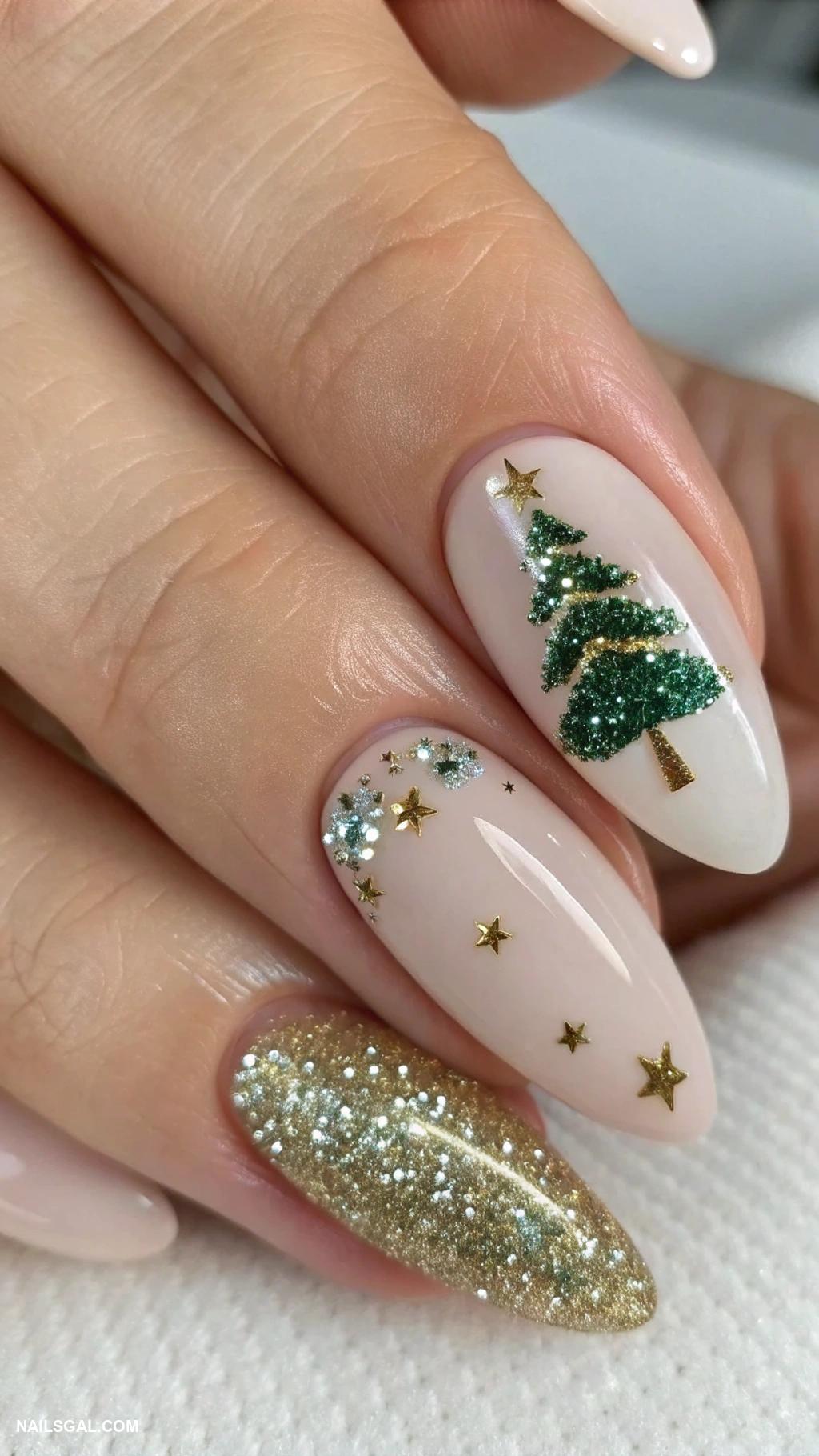 xmas nails Christmas tree tip accents with glitter
