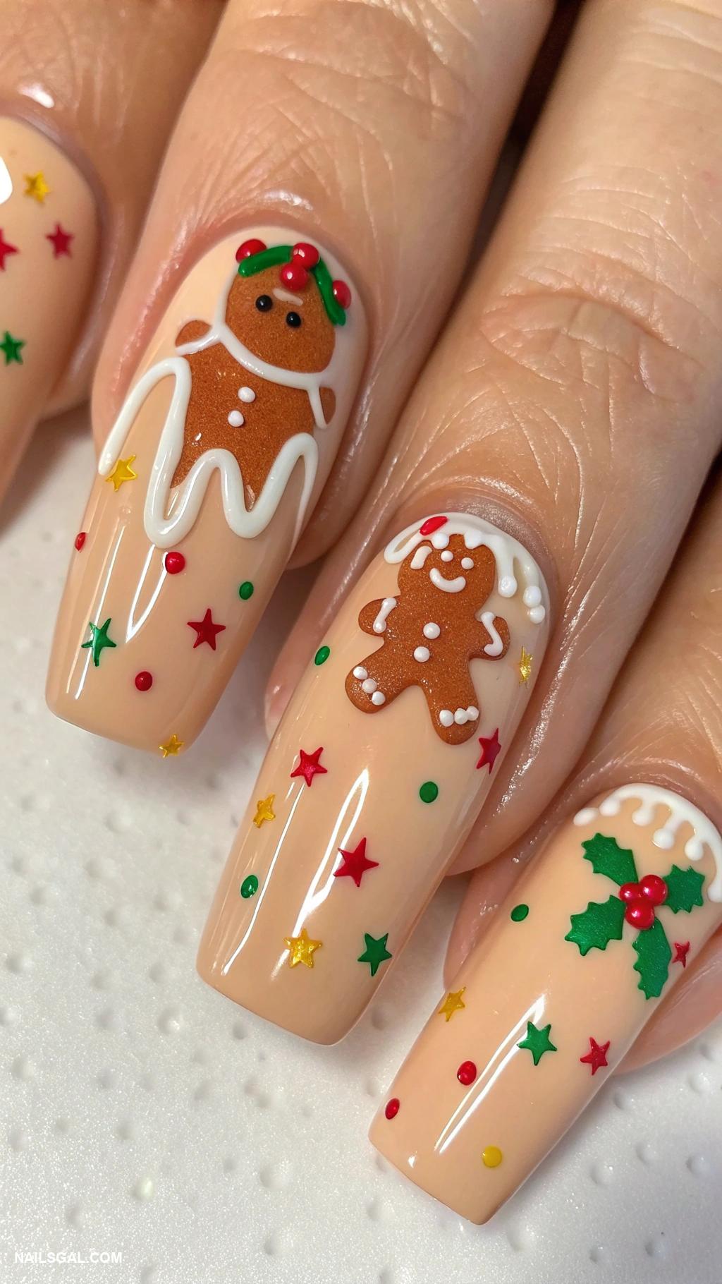 xmas nails Gingerbread men with icing drip effect