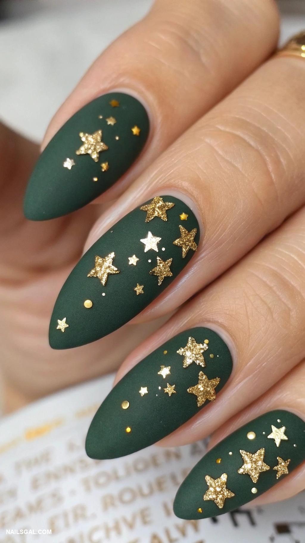 xmas nails Gold stars on dark green matte finish
