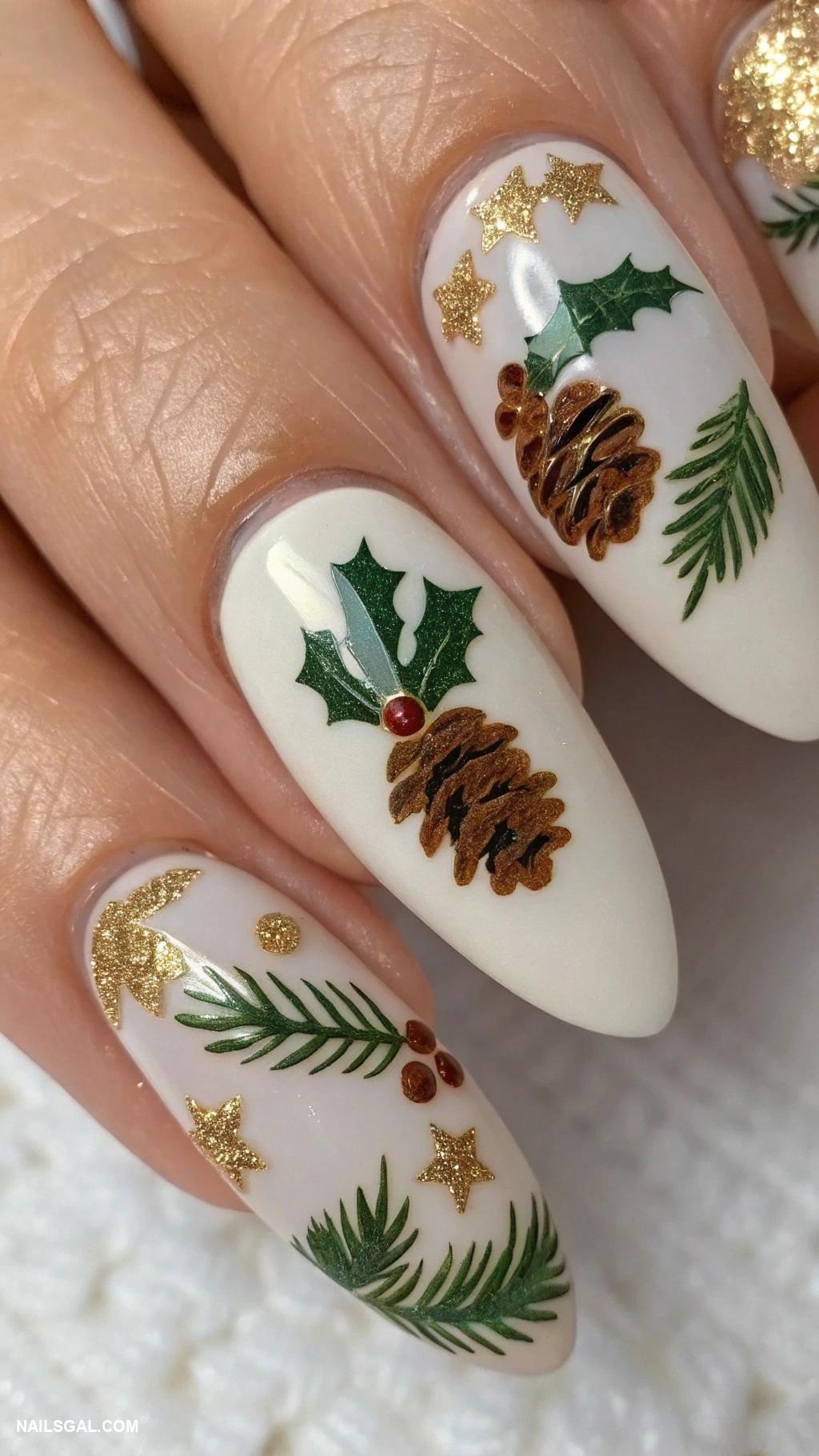 xmas nails Pine cones and holly leaves details