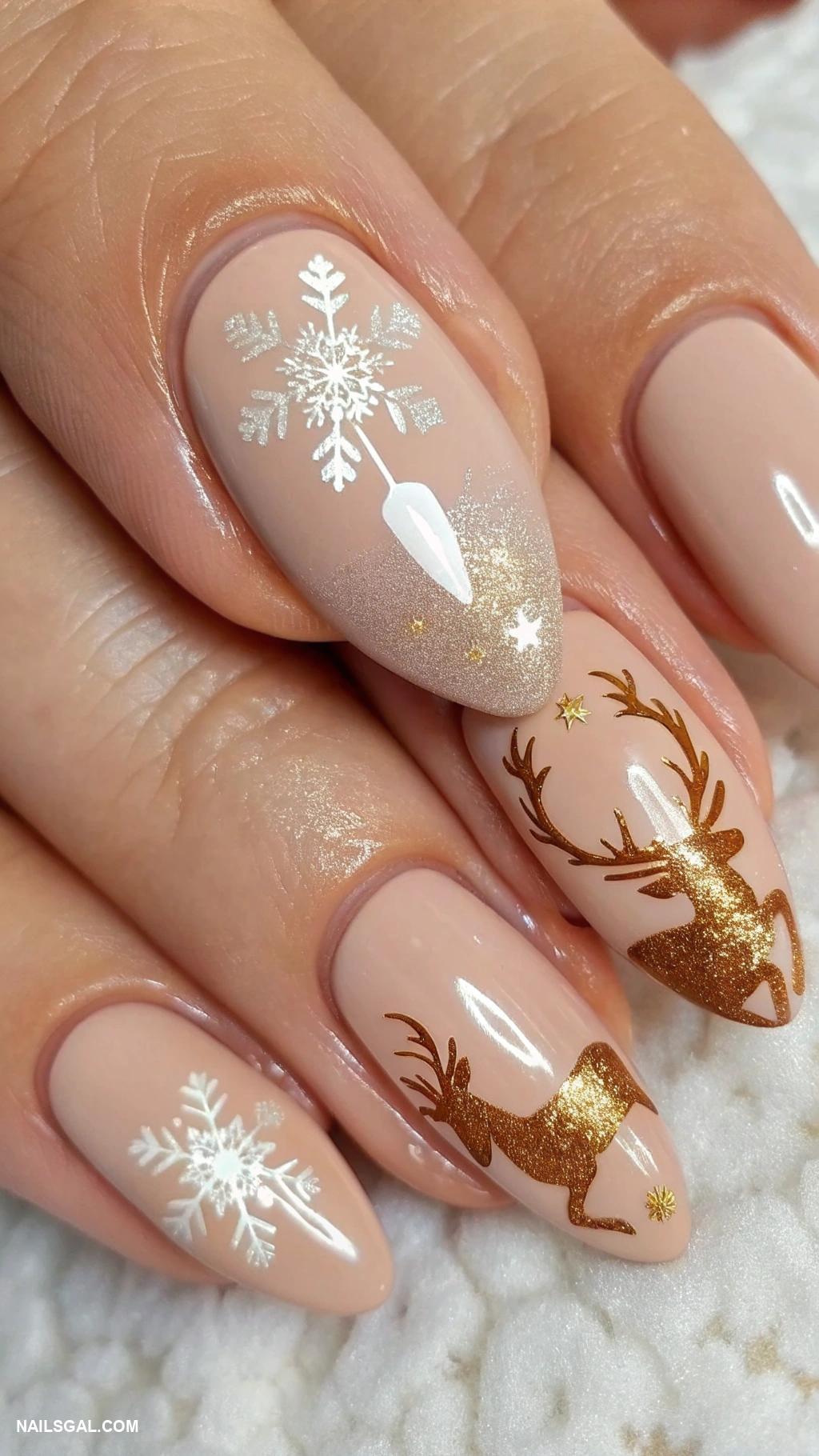 xmas nails Reindeer silhouette on nude polish