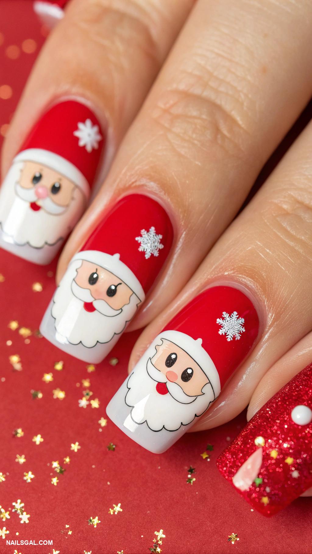 xmas nails Santa Claus face on a red background