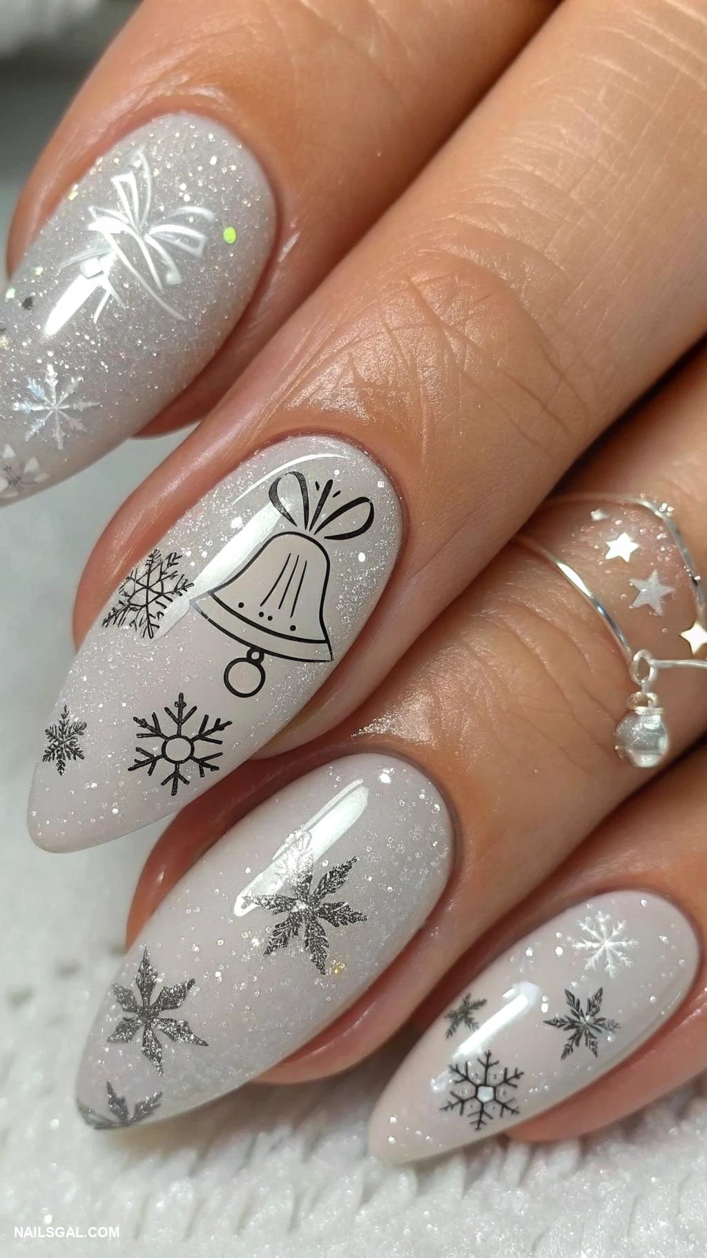 xmas nails Silver bells with shimmering silver base