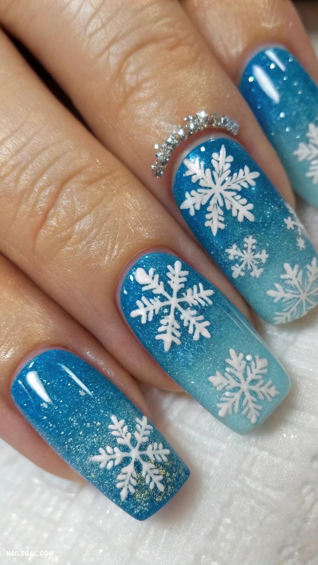 xmas nails Sparkling snowflakes on a blue base