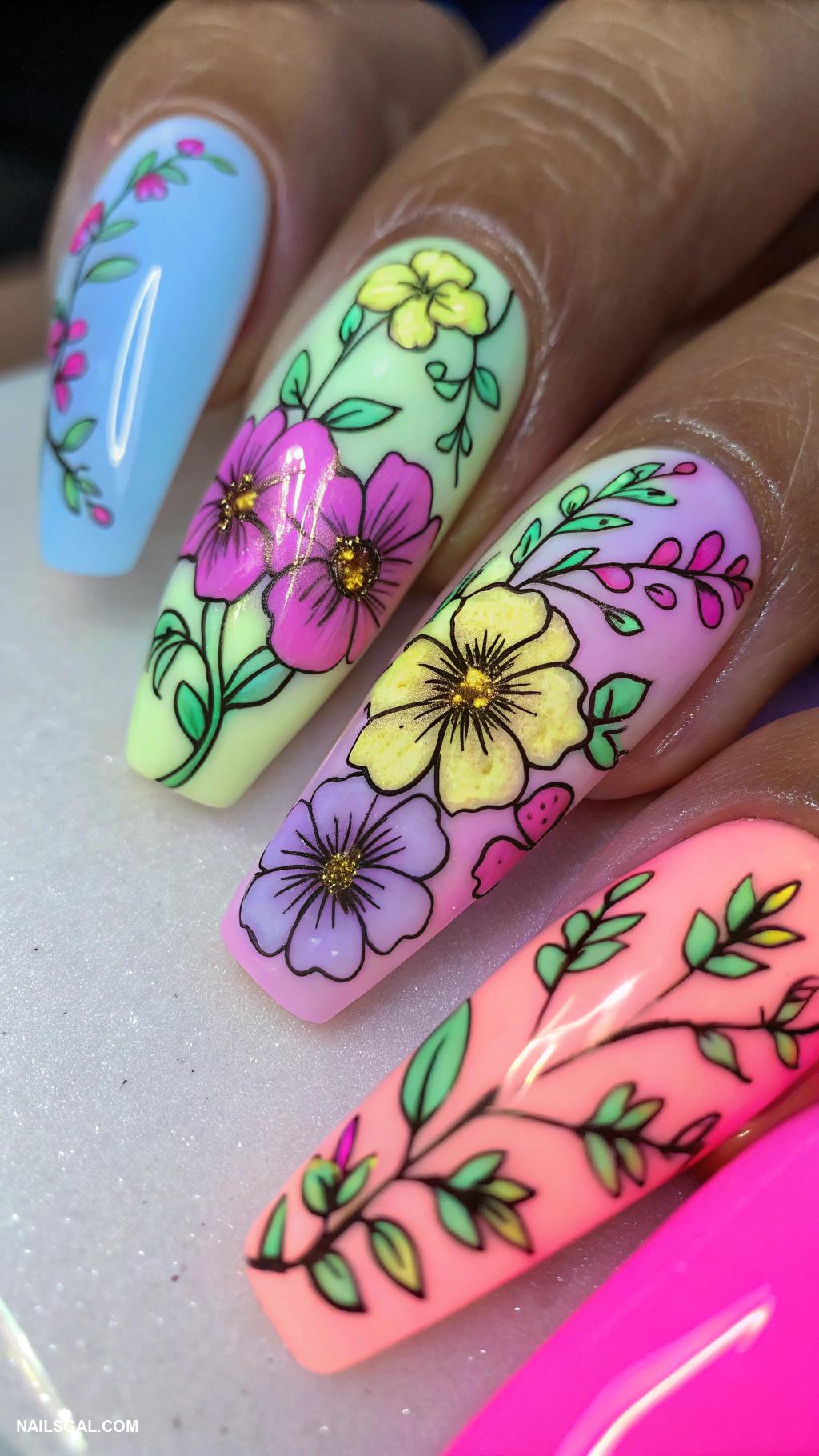 70s nail art Floral patterns with neon backgrounds
