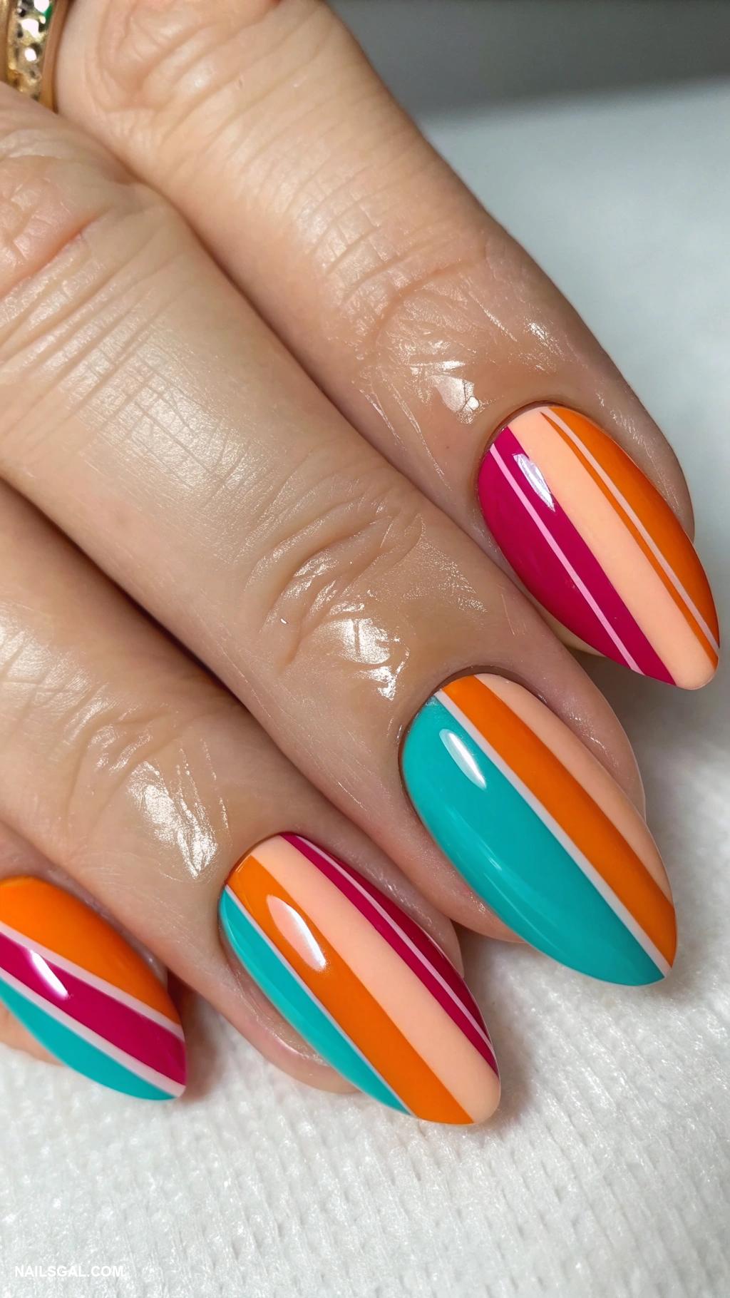 70s nail art Graphic stripes with metallic finishes
