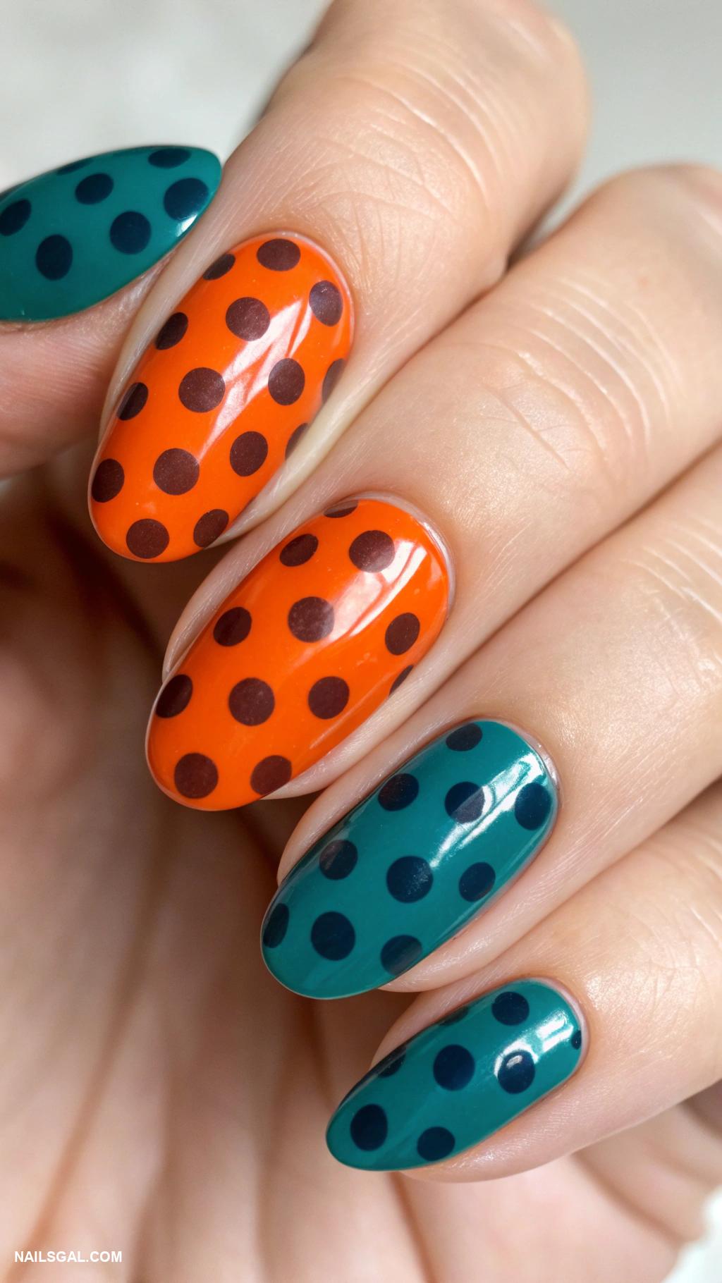 70s nail art Mod retro dots in contrasting colors