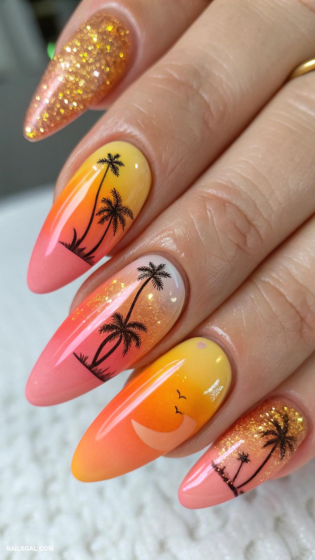 70s nail art Ombre sunset with warm hues