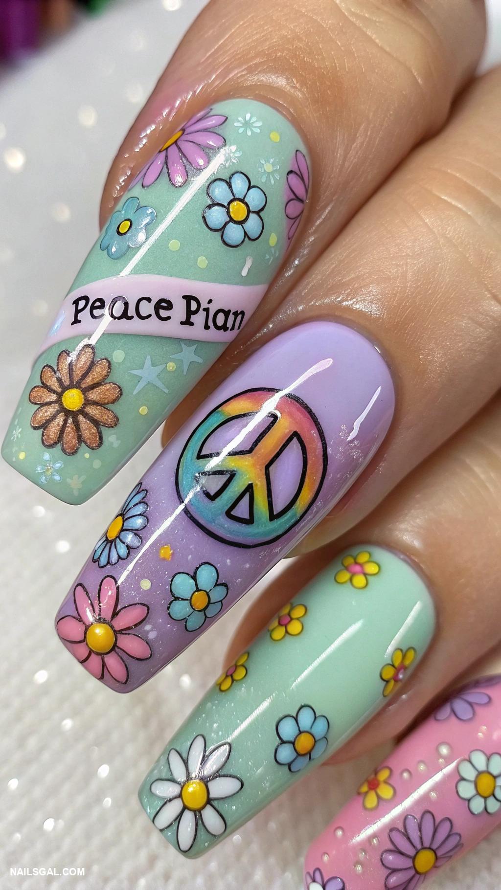 70s nail art Peace sign and flower power accents