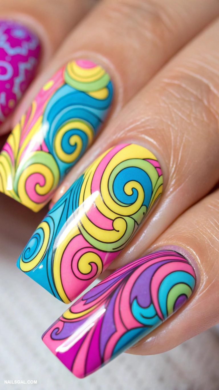70s nail art Psychedelic swirl patterns in vibrant tones