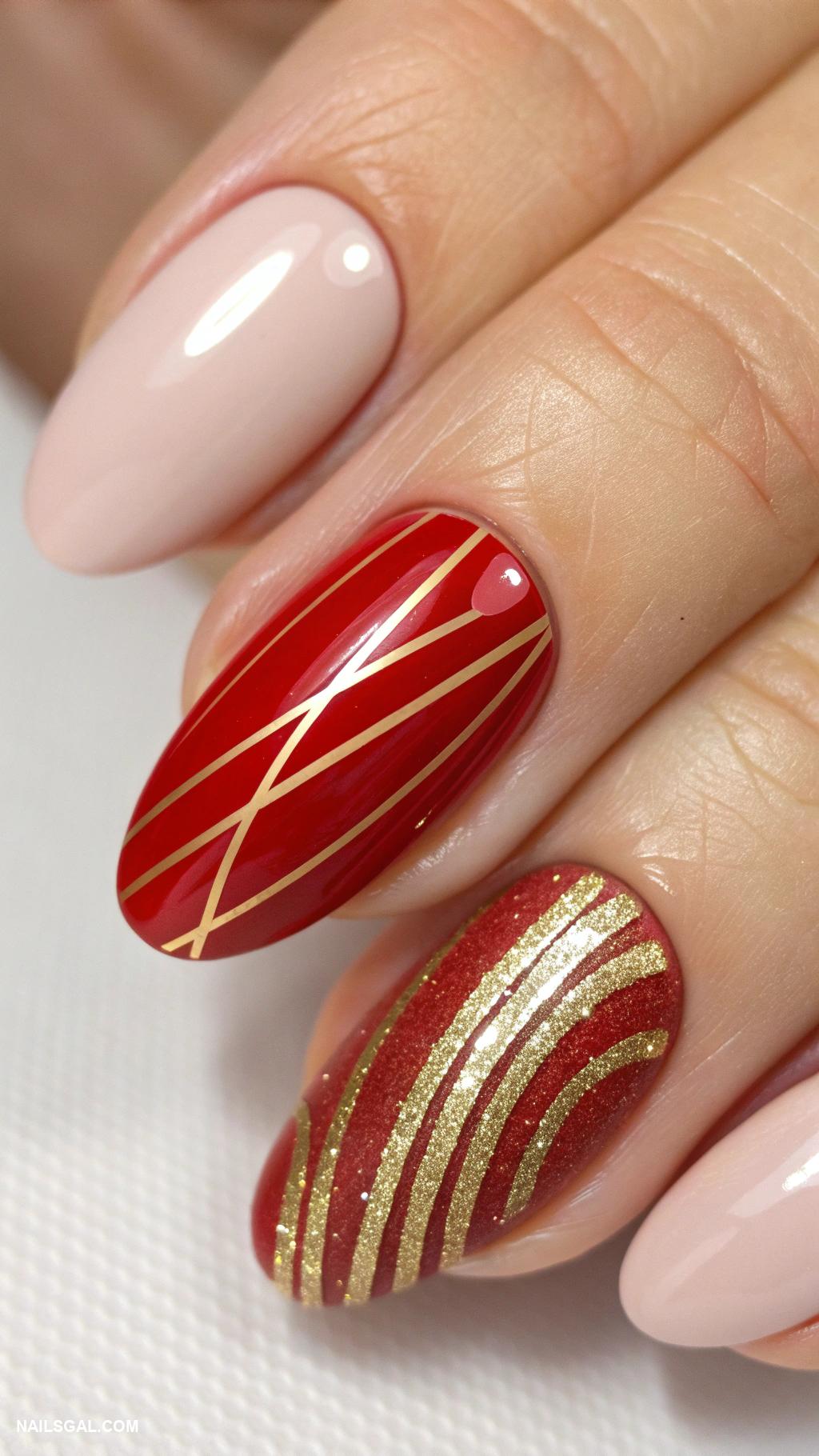 January nails Bold red accent nails with gold stripes