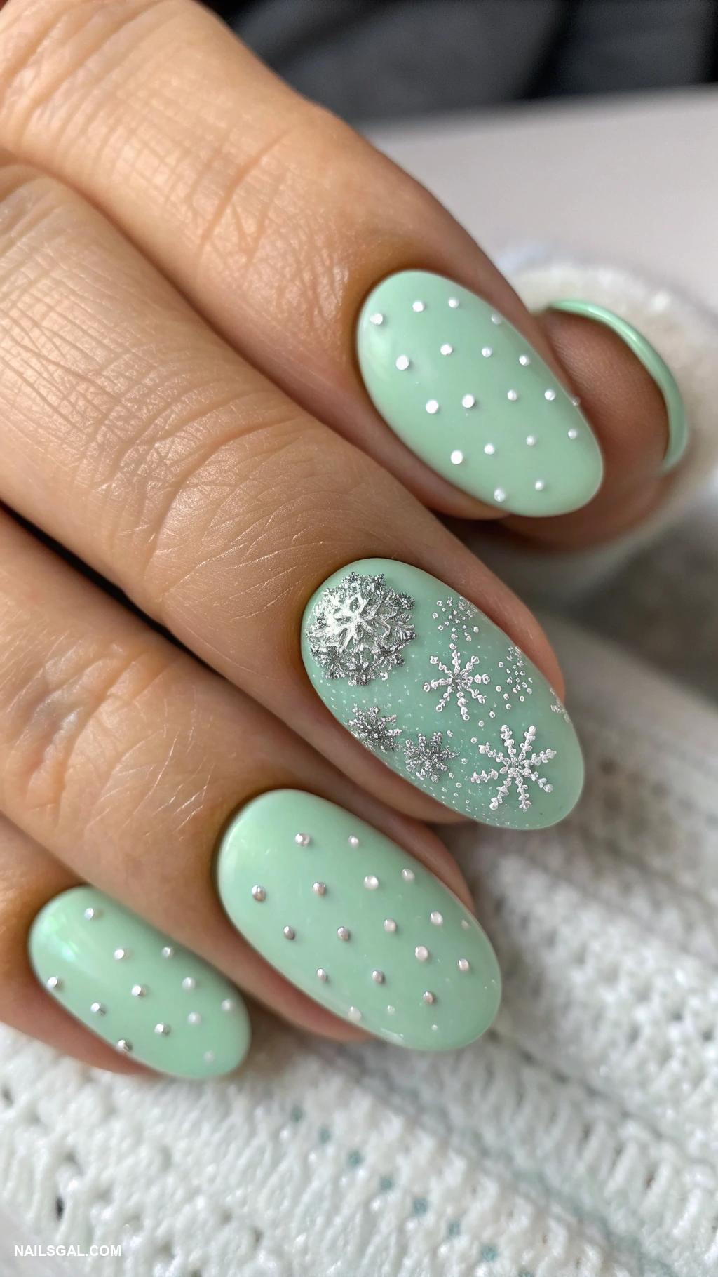 January nails Frosty mint green with silver dots