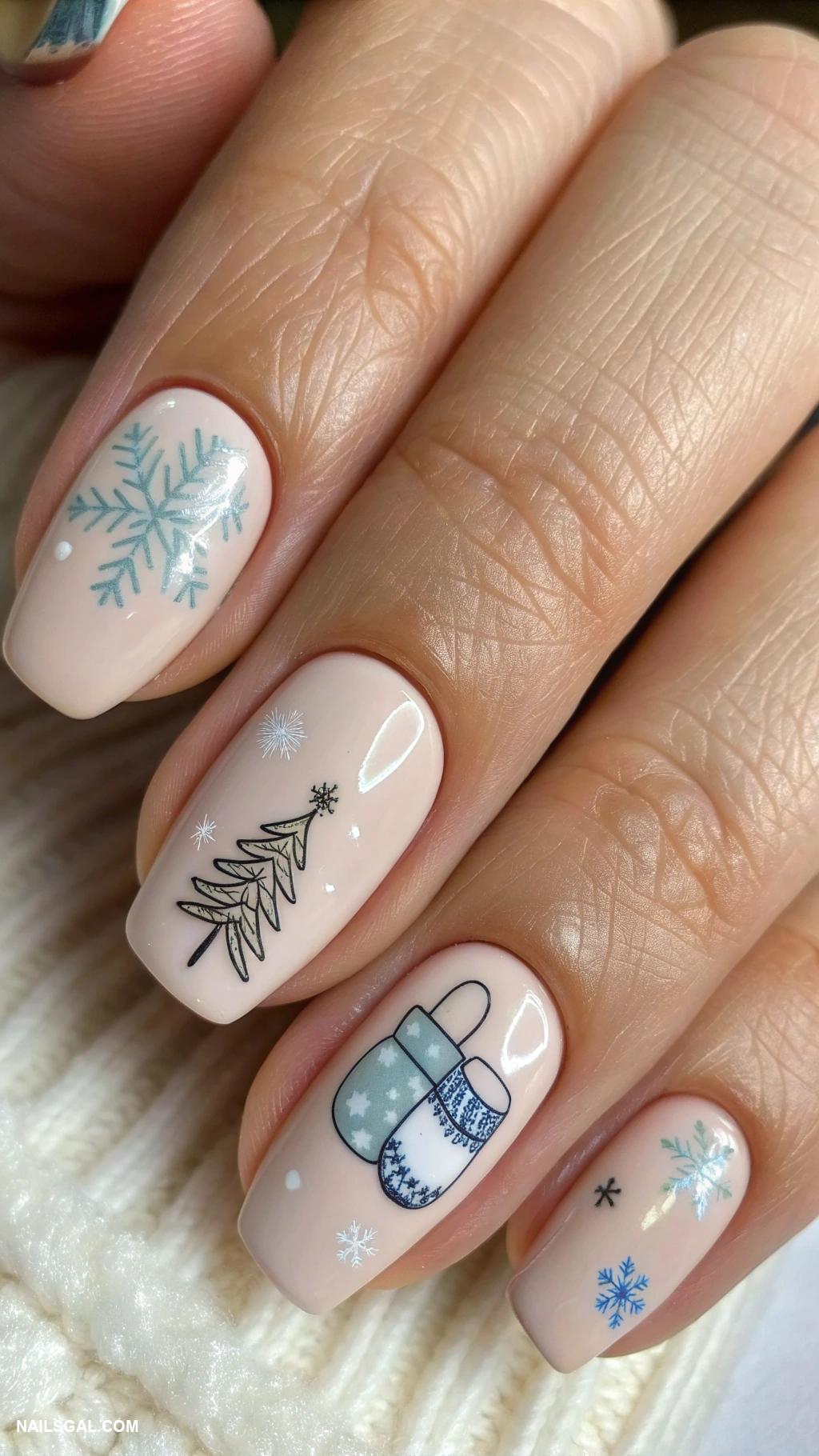 January nails Simple nude with winter themed stickers
