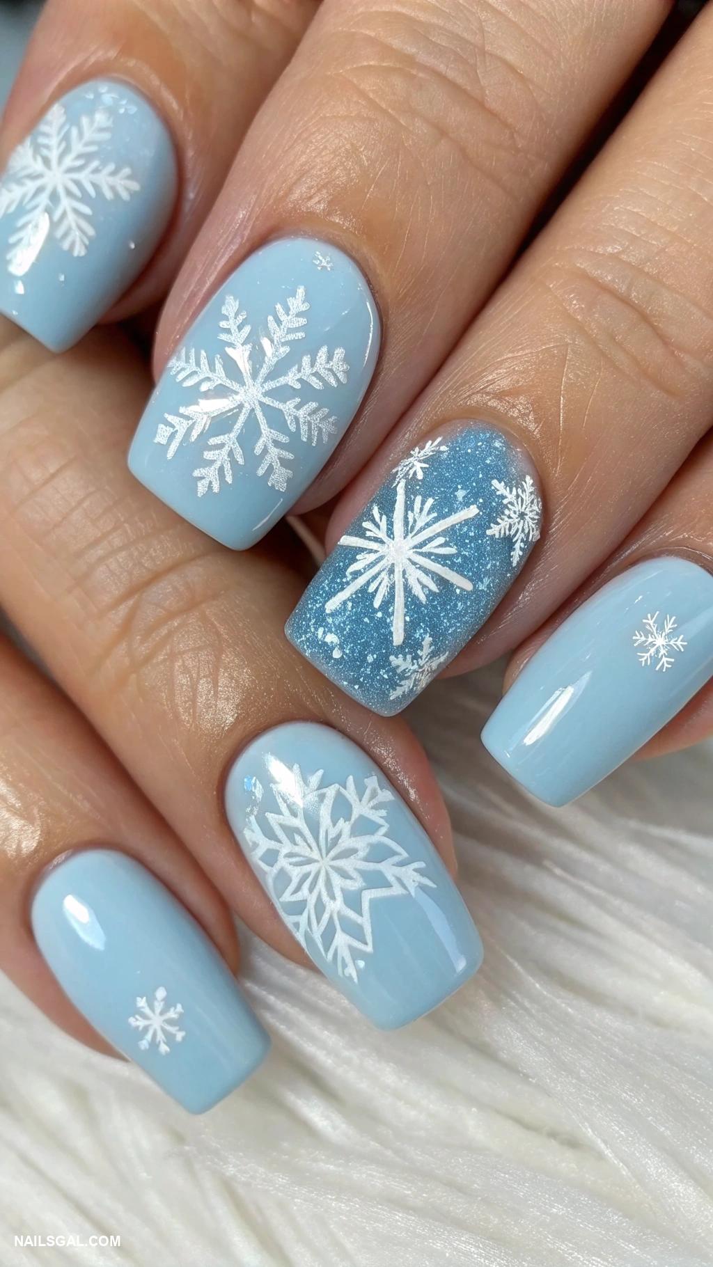 January nails Snowflake patterns on pale blue nails