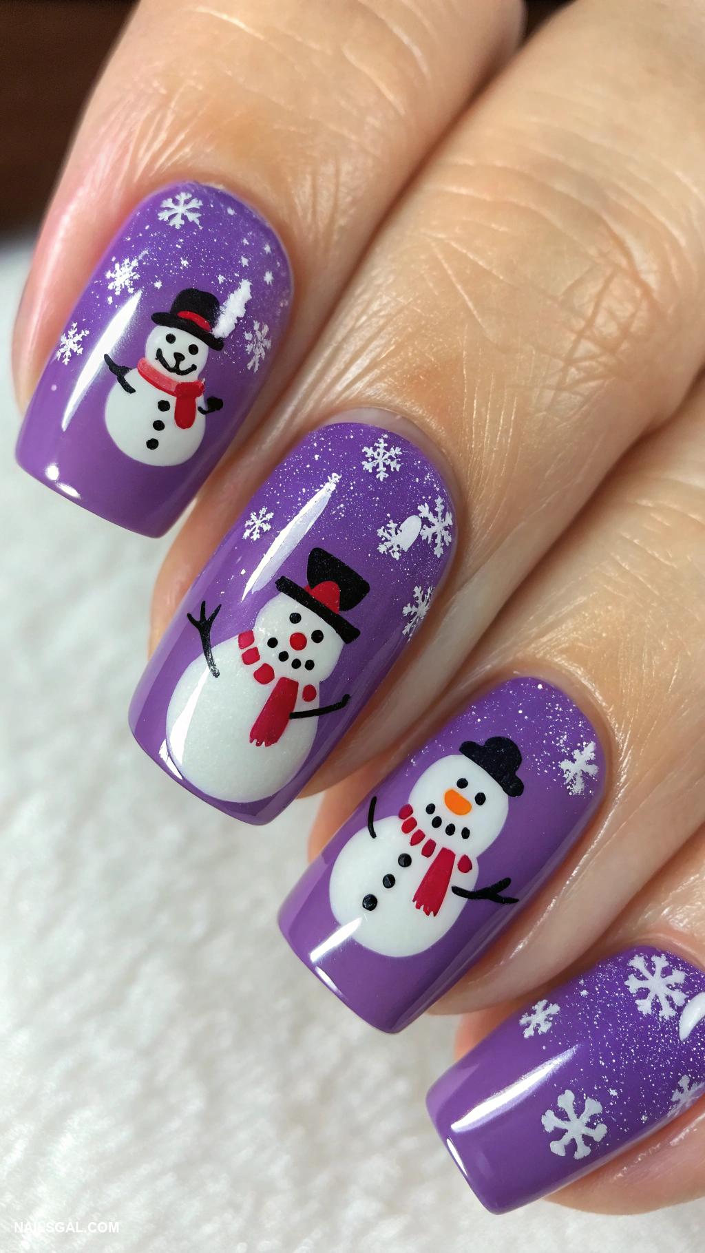 January nails Vibrant purple with tiny snowman art
