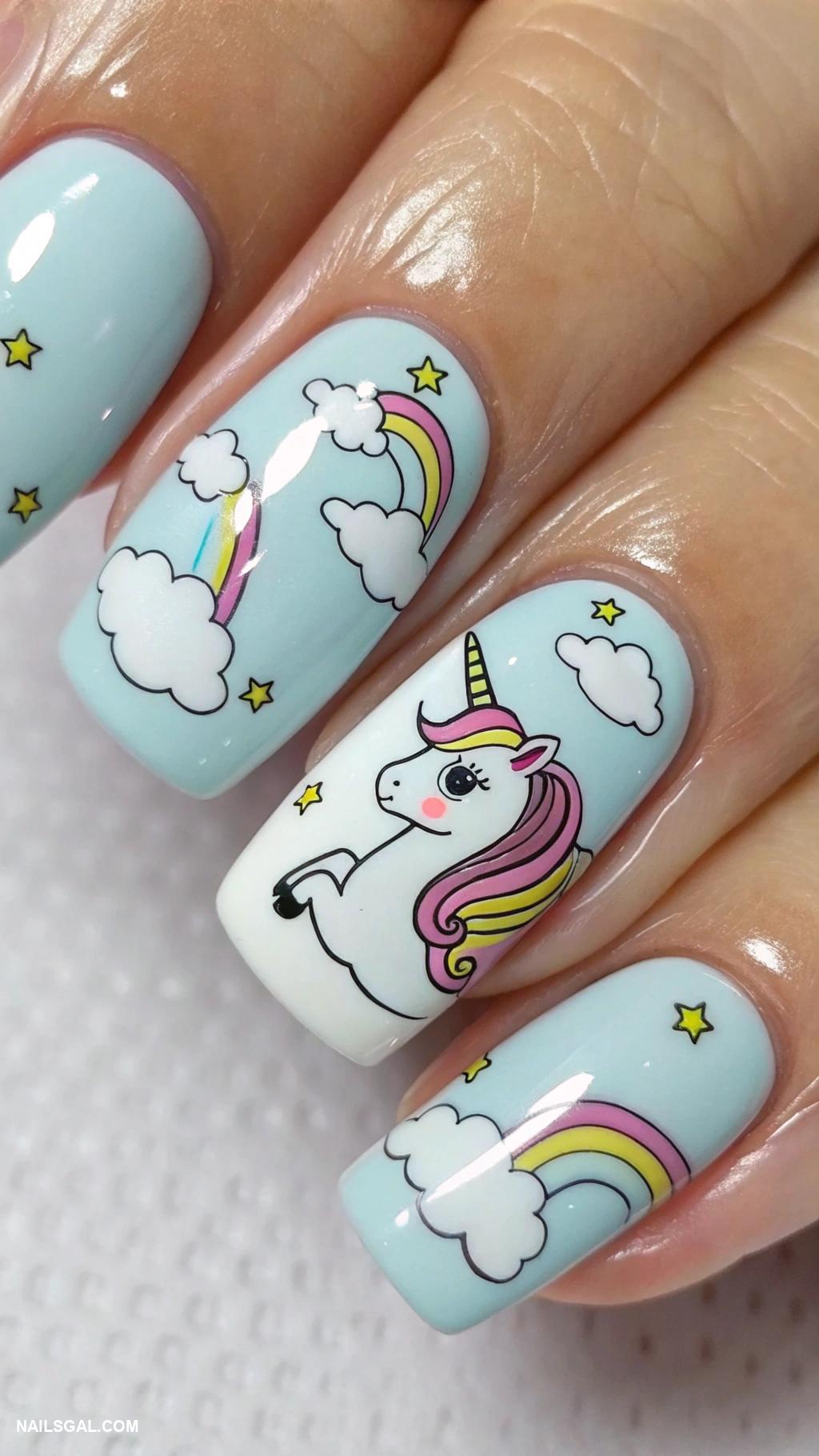 baby girl baby shower nails Adorable unicorns on light blue base