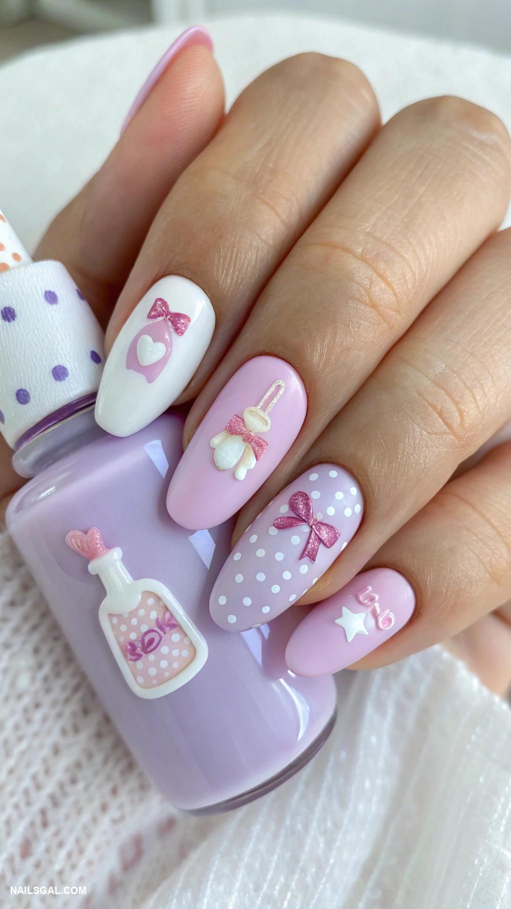 baby girl baby shower nails Baby bottle nail art on soft purple