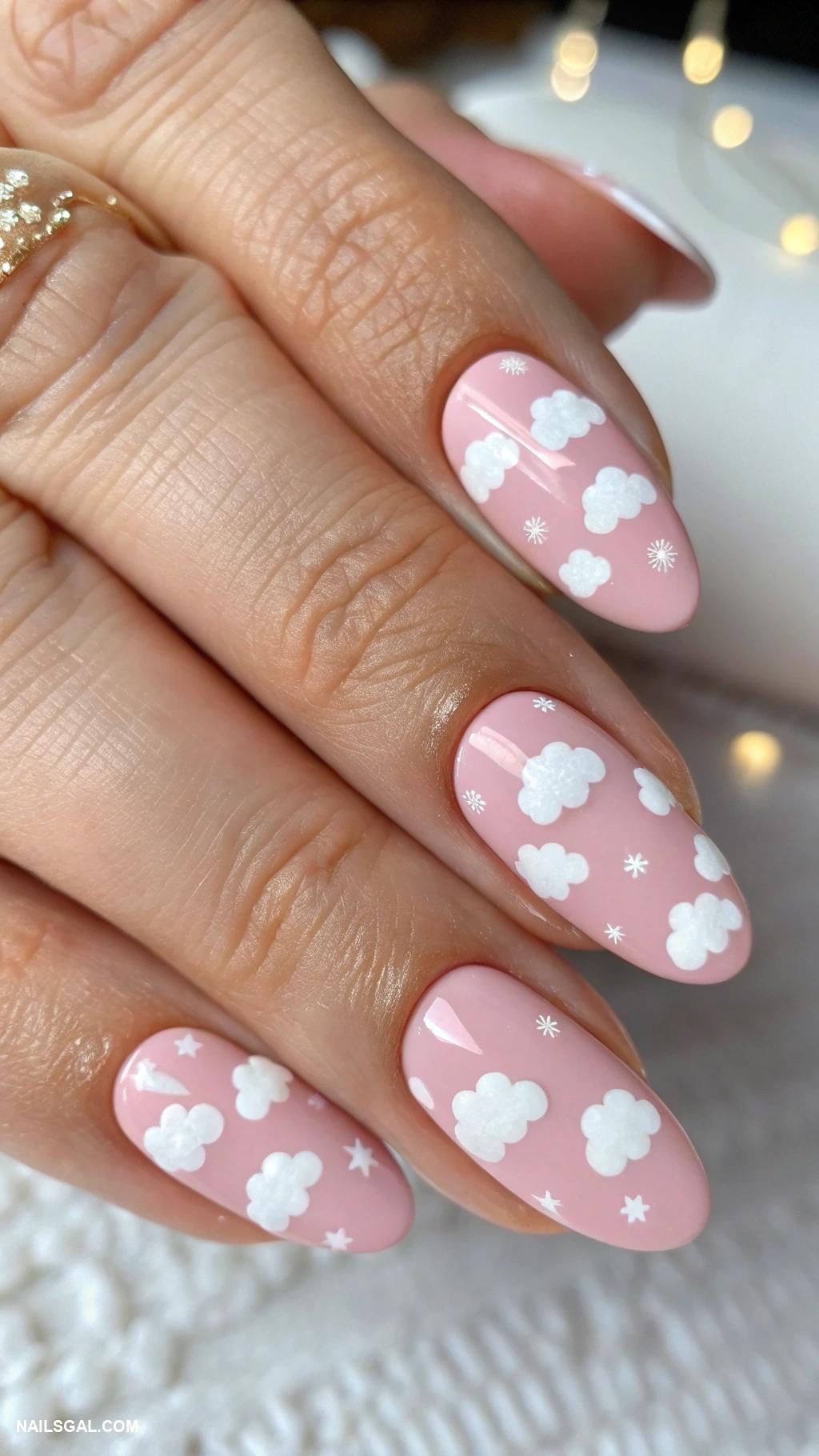 baby girl baby shower nails Pastel pink with white cloud accents
