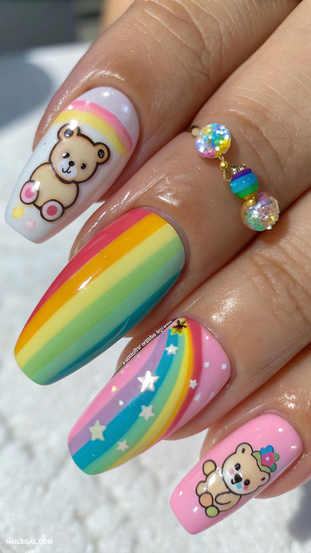 baby girl baby shower nails Rainbow stripes with baby themed charms