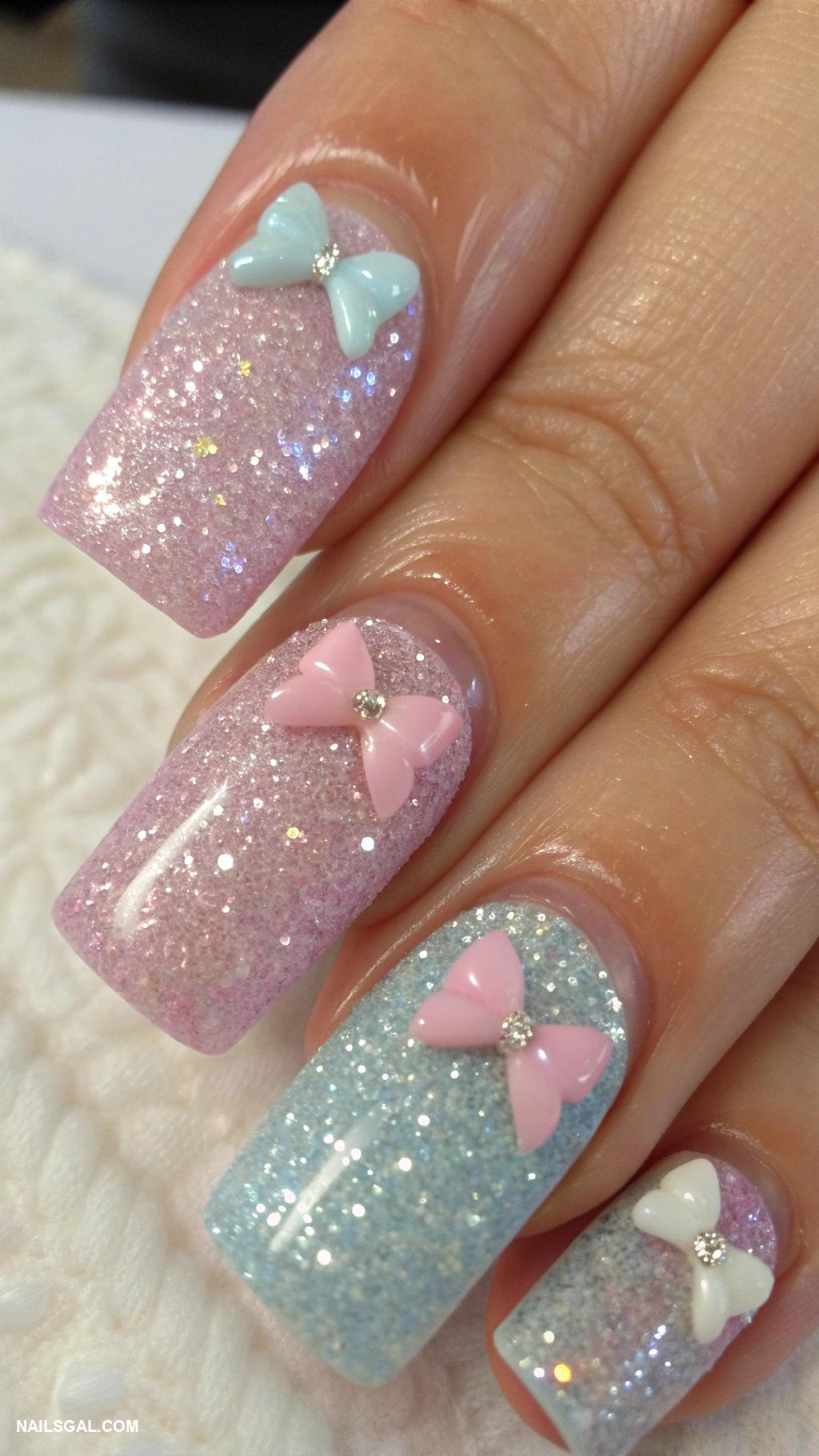 baby girl baby shower nails Sparkly glitter tips with tiny bows