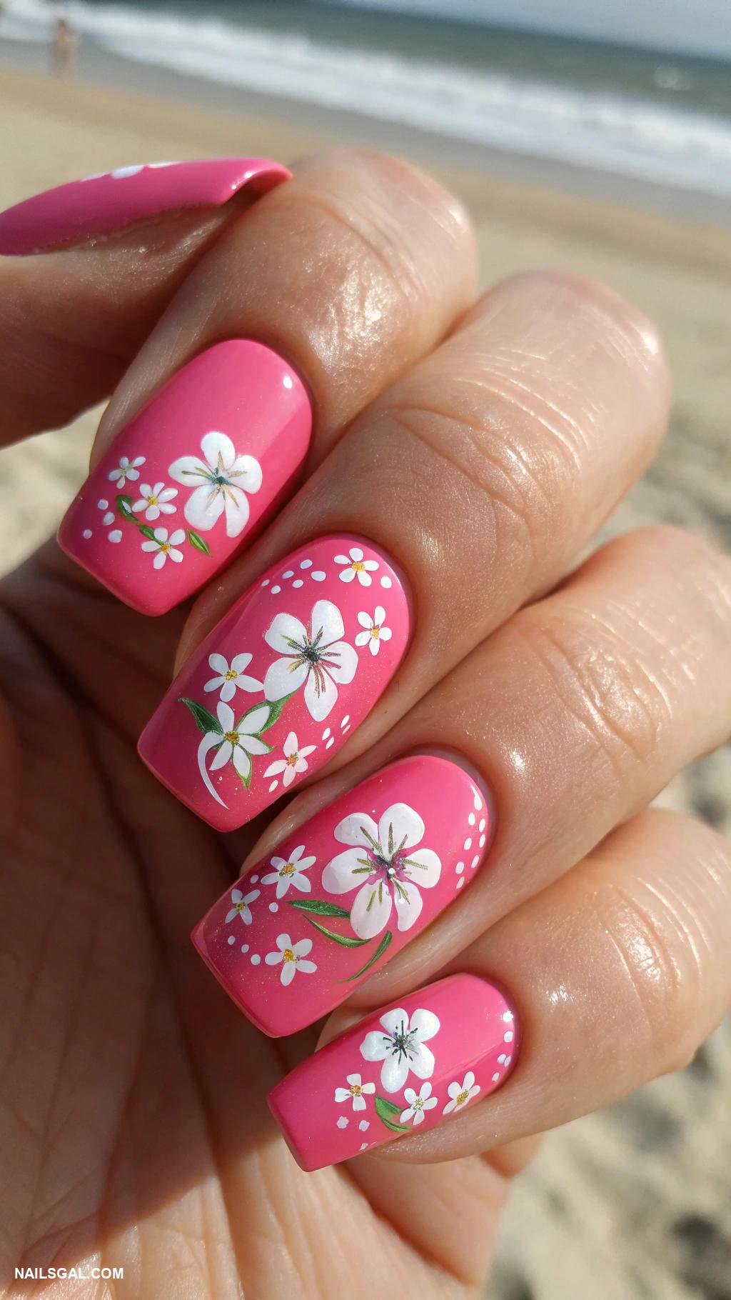 beach nails Bright pink with white florals