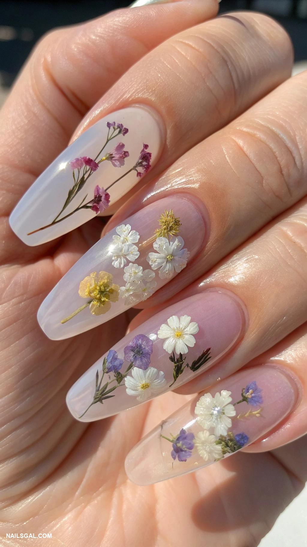 beach nails Clear base with dried flowers