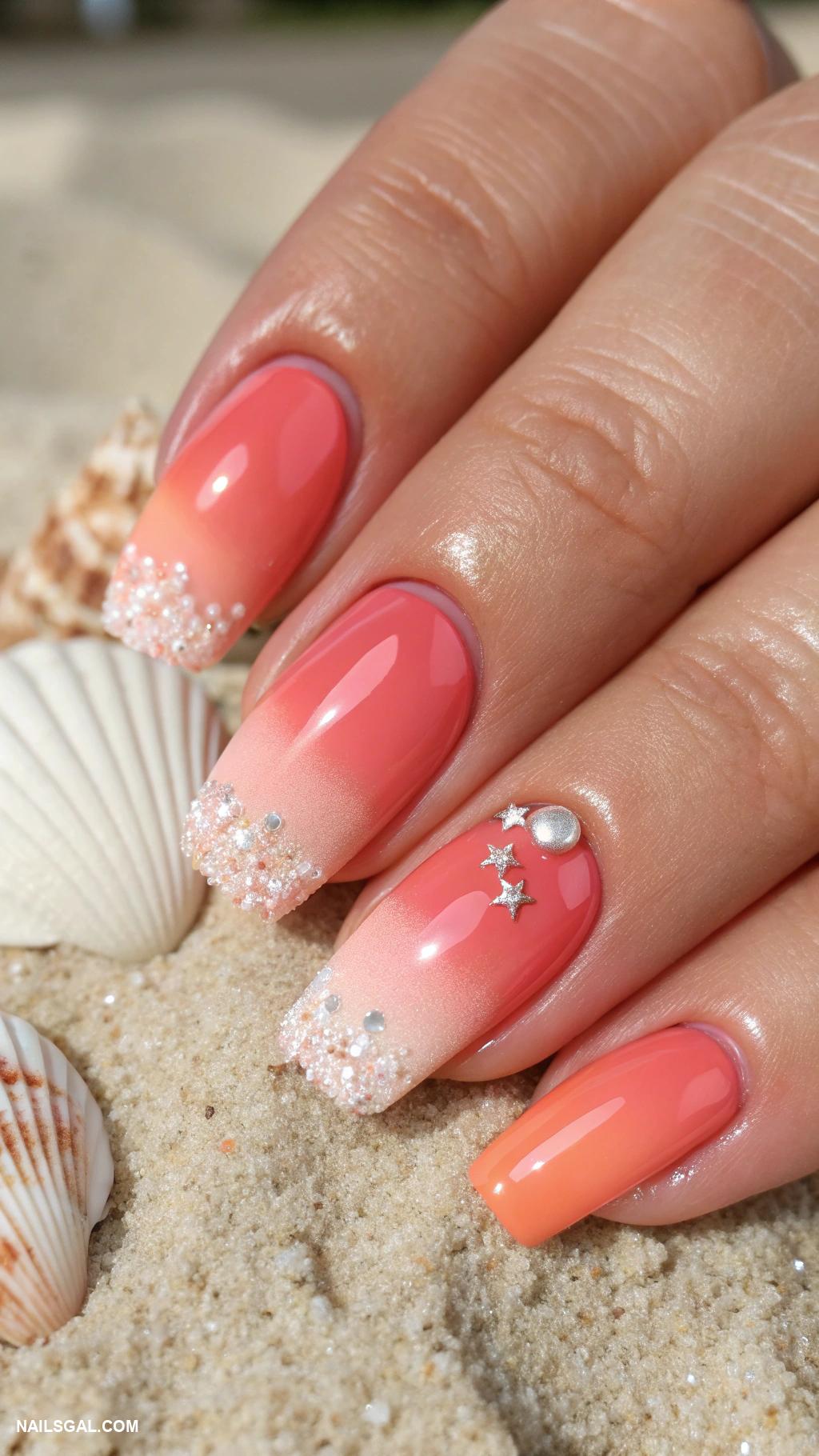 beach nails Coral ombre with seashell accents