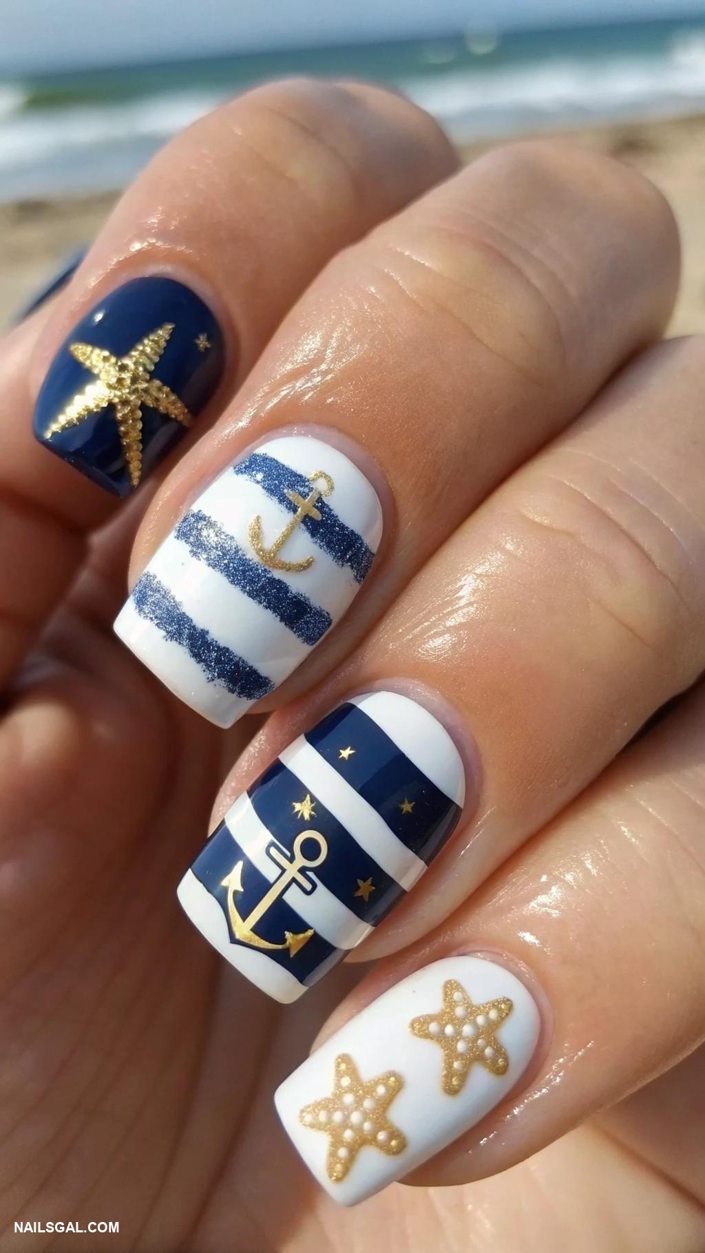 beach nails Nautical stripes with anchor designs