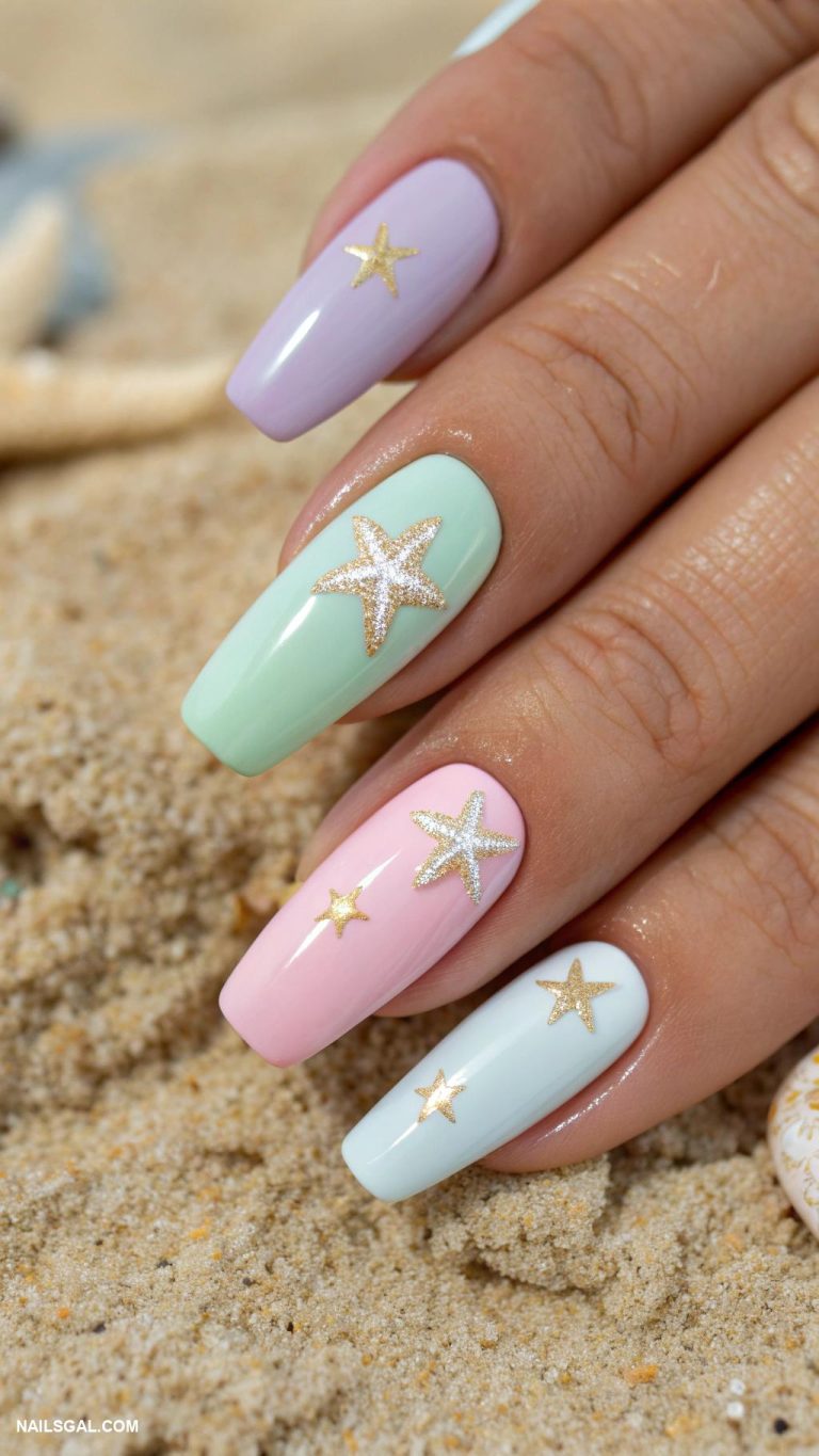 beach nails Pastel colors with tiny starfish
