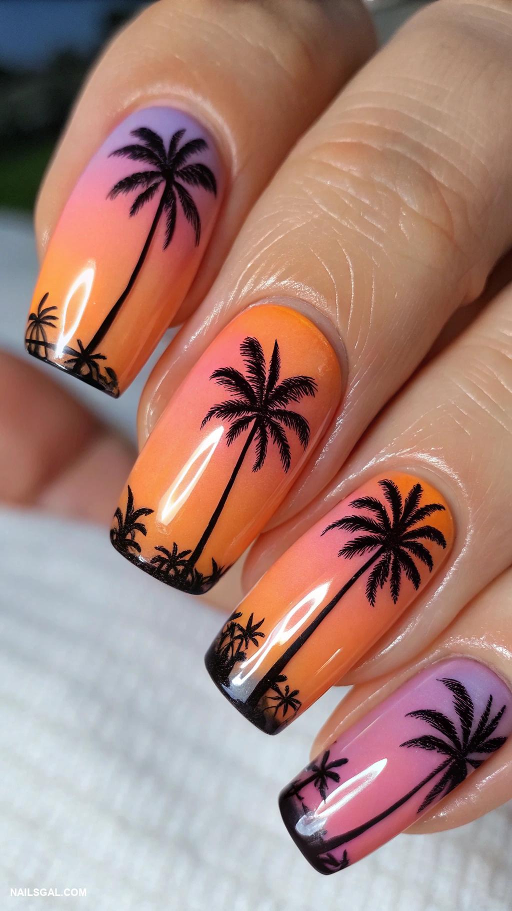 beach nails Sunset gradient with palm trees