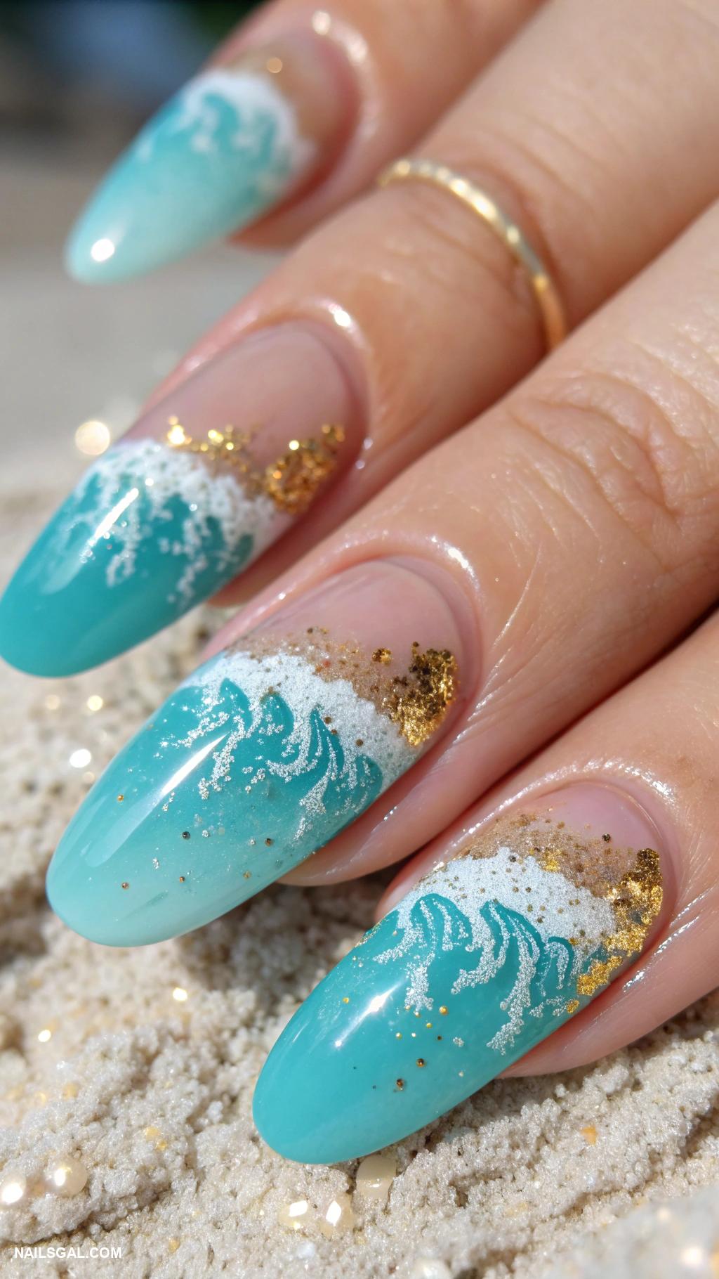 beach nails Turquoise waves with gold glitter