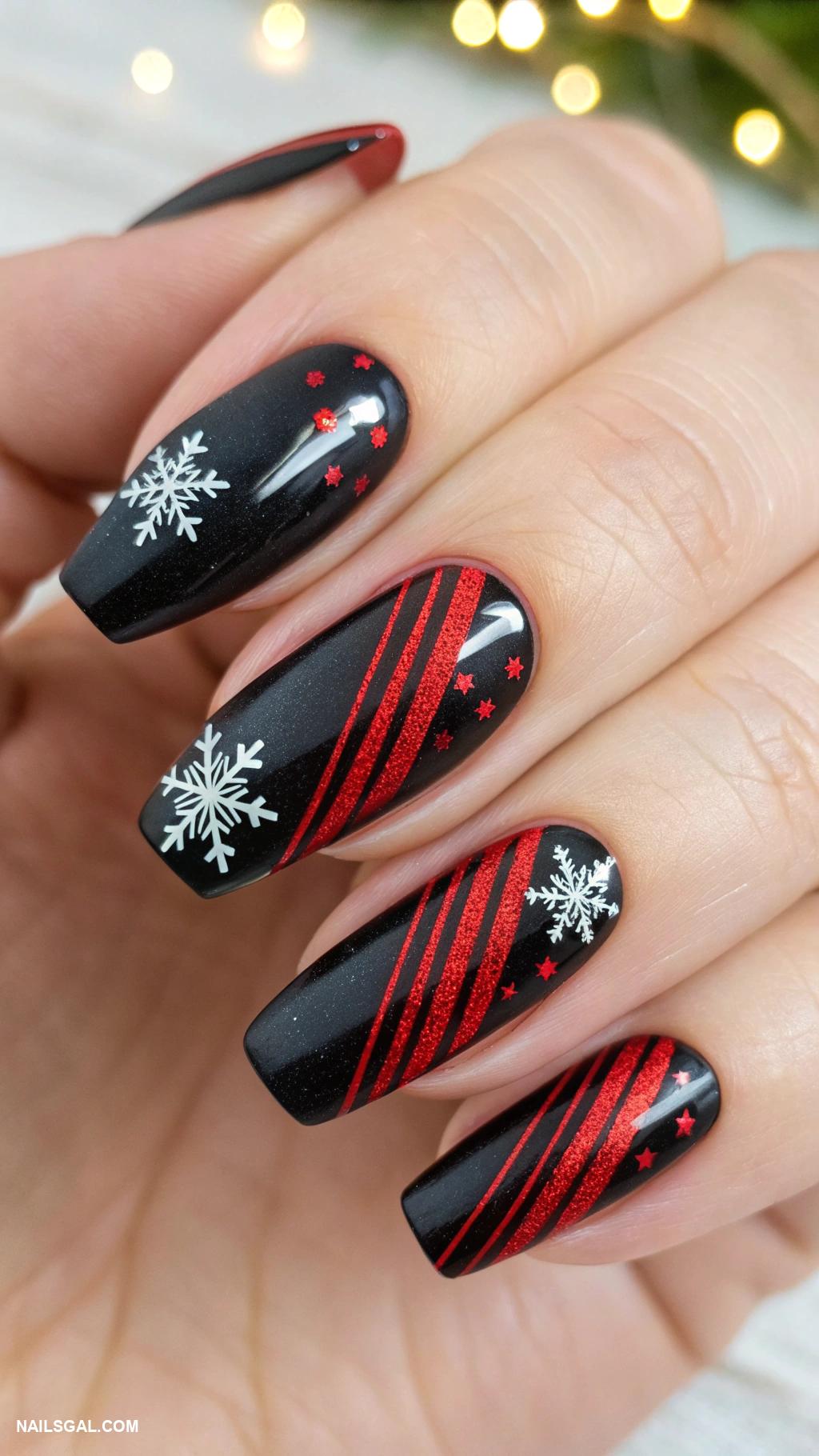 black christmas nails Black base with red holiday stripes